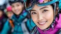 Young Asian female cyclist wearing turquoise helmet and pink jacket smiling at camera with blurred group of cyclists in background, suitable for sports, fitness and outdoor activity marketing.