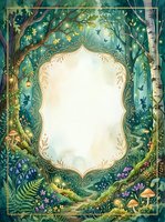Watercolor enchanted forest frame with glowing lights, fairies, mushrooms, and lush greenery surrounding an ornate blank label for text.