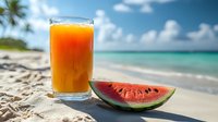 Fresh tropical juice and watermelon slice on sandy beach with turquoise ocean water and palm trees in background, summer vacation concept for food and drink design.