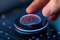 Futuristic holographic projection showing glowing particle cluster floating above electronic device with blue illumination in dark environment.