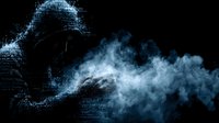 Mysterious hooded figure emerging from digital particle effect with smoky atmosphere against dark background, creating cybersecurity threat concept.
