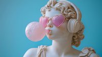 Young woman with blonde curled hair wearing heart-shaped sunglasses and headphones, blowing pink bubble gum against turquoise background. Pop art style.