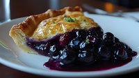 Fresh baked blueberry pie slice with golden flaky crust and juicy berry filling on white plate, close up view showing rich purple syrup and pastry details.