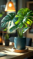 Monstera deliciosa plant in turquoise ceramic pot on wooden tray, illuminated by warm sunlight with pendant lamp in background, creating cozy home atmosphere.