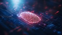 Digital fingerprint scan on circuit board background with glowing red and blue technological elements creating futuristic cybersecurity visualization.