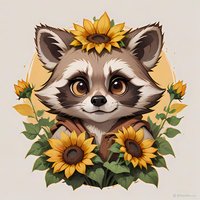 Adorable raccoon character surrounded by bright sunflowers and green leaves on beige background, stylized cartoon artwork for children decoration and prints.