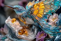 Ornate hummingbird with intricate turquoise and golden mechanical wings hovering near crystal flowers with amber accents against dark background, fantasy art style.