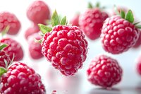 Fresh ripe raspberries scattered on white background with soft focus and natural lighting, macro photography showing detailed texture of berries.