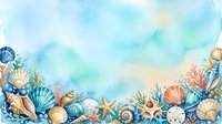 Watercolor seashells and coral border frame with blue ocean background for summer beach themed designs and coastal decorations.