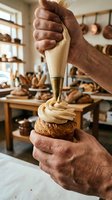Male baker with medium-dark skin tone piping cream frosting onto a freshly baked cupcake in an artisan kitchen workshop, demonstrating professional pastry decoration technique.