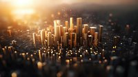 Golden sunlight illuminates modern downtown skyscrapers in miniature tilt-shift effect, creating dreamy urban landscape with bokeh lights for business or real estate concepts.