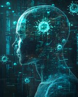 Digital profile with glowing virus particles against cyber background shows medical technology concept in blue neon colors on dark surface.