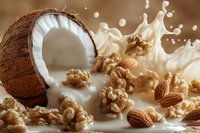 Fresh coconut with splashing milk, scattered walnuts and almonds on light background, macro food photography with dynamic liquid motion effect.