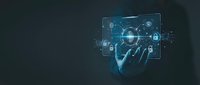 Hand holding futuristic holographic interface with digital security icons and network connections on dark background for technology presentations.