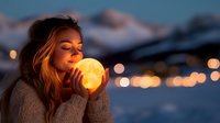 Young woman holding glowing moon lamp against winter mountain landscape at dusk, with bokeh lights creating magical atmosphere. Artistic portrait captures ethereal mood.