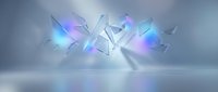 Abstract geometric shapes with glowing neon blue and purple lights floating in minimalist space, suitable for tech, digital design, and modern backgrounds.