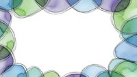 Watercolor circles frame in blue, green and purple tones creating decorative border on white background for design projects and artistic presentations.