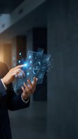 Businessman hands interacting with futuristic holographic interface displaying digital icons and data visualization in modern office environment.