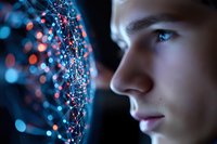 Young professional man gazing at digital network visualization with glowing data connections and bokeh lights in futuristic technology concept.