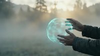 Hands holding glowing blue energy sphere in misty forest at sunrise creating magical atmosphere for fantasy and spiritual concepts.