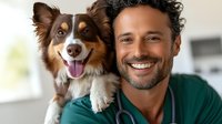Happy veterinarian with curly hair holding adorable Australian Shepherd dog in modern clinic. Professional pet care and animal health concept.