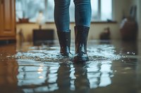 Person wearing black rubber boots standing in flood water inside home, with ripples spreading from footsteps on wet floor during residential flooding disaster.