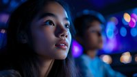 Young Asian woman illuminated by vibrant neon city lights at night, with soft bokeh background creating atmospheric urban nightlife scene. Second person blurred.