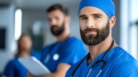 Confident male medical professional in blue scrubs and head covering with stethoscope and beard looking at camera in hospital corridor, healthcare staff in background.
