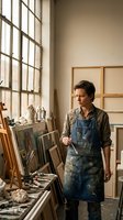 Male artist in denim apron working with paintbrush in sunlit studio workspace with easels, canvases and art supplies for creative projects and artistic expression.