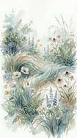 Watercolor wildflower meadow with flowing grasses, ferns and blooming flowers in soft green and beige tones for botanical wall art and nature decor.