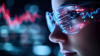 Young Asian woman wearing futuristic glasses with financial data and programming code reflection, side view against dark background with glowing charts.