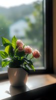 Delicate pink roses in white ceramic pot on windowsill, soft natural lighting creates gentle shadows. Green leaves catch morning sun against blurred outdoor view.