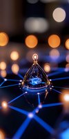 Glowing digital network with futuristic dome bokeh lights against dark background with blue connecting lines.