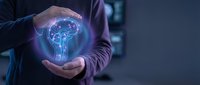 Businessman hands protecting glowing digital brain hologram with neural networks for artificial intelligence and machine learning technology concepts.
