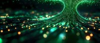 Abstract digital data stream visualization with green glowing particles flowing through network structure against dark background. Perfect for technology concepts.