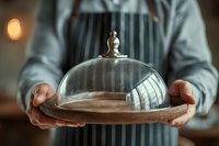 Professional chef in striped apron holding wooden serving board with glass dome cloche, creating elegant restaurant atmosphere with soft bokeh background.