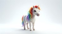 White unicorn toy with rainbow mane and tail, golden horn on clean background. Fantasy creature figurine isolated for creative projects and designs.