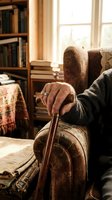 Senior man with weathered hands wearing brown gloves holds wooden cane while seated in cozy library room with bookshelves, armchair, and warm natural light from window for retirement lifestyle.