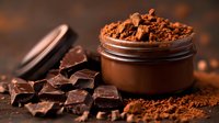 Cocoa powder in glass jar with chocolate pieces scattered on brown surface, ready for baking, cooking, and dessert preparation.