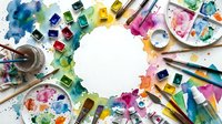 Watercolor paint set with brushes, palette, and artistic supplies arranged in circle on white background, overhead view for creative projects and art education.