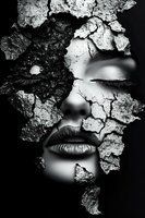 Artistic black and white portrait of woman's face emerging through cracked, textured surface. Closed eyes and parted lips create dramatic contrast with rough texture.