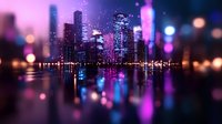 Modern city skyline with glowing neon lights reflected in water at night, featuring blurred bokeh effects and vibrant purple and blue colors creating dreamy atmosphere.