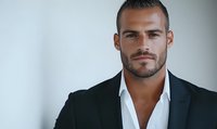 Confident young Caucasian businessman with beard wearing black suit jacket and white shirt, looking directly at camera with professional expression against light background.