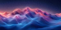 Abstract digital landscape with glowing neon waves in pink and blue colors against dark starry background, creating futuristic mountain-like terrain formation.