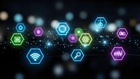 Digital technology network with glowing hexagonal icons floating on dark background for modern business and connectivity concepts.