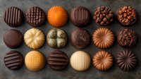 Luxury chocolate pralines and truffles assortment with various textures and decorative patterns on dark background, arranged in neat rows for gourmet dessert menu.