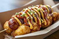 Crispy fried potato balls on skewer topped with drizzled mayo and teriyaki sauce, garnished with fresh green onions and served in paper food tray.