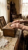 Elderly hands touching wooden memory box with vintage photographs in nostalgic home interior setting for remembrance and heritage concepts.
