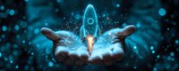 Glowing rocket launching from open palms against dark background with magical blue bokeh lights and smoke effects, symbolizing business growth and innovation.