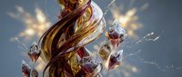 Fantasy female warrior with flowing hair and magical crystals floating in ethereal light rays creating mystical combat scene for gaming artwork.